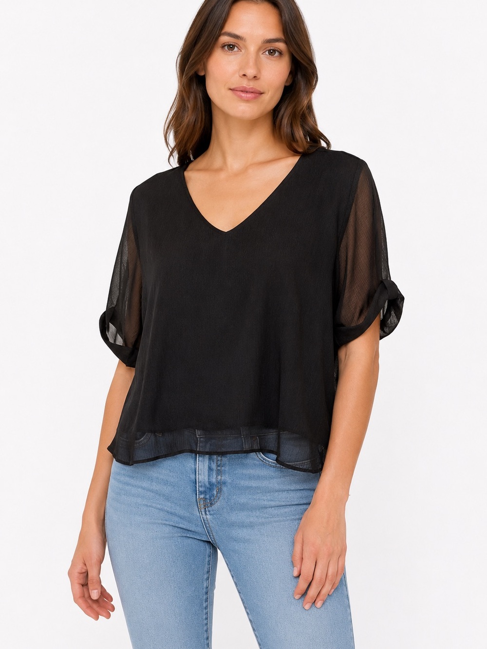 Black V-Neck Sheer Sleeve Women’s Top